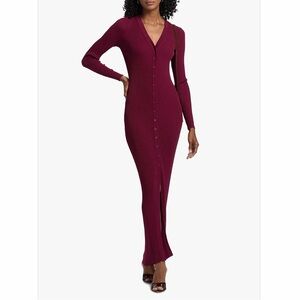 Staud Shoko Rib-Knit Button-Front Maxi Dress in crimson color